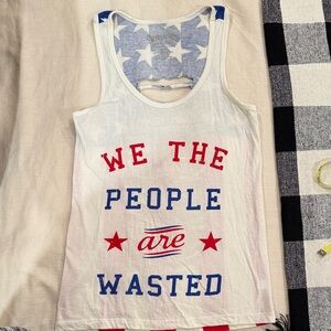 Spencer's Women’s White Tank Top with Red & Blue Graphic (Like New)